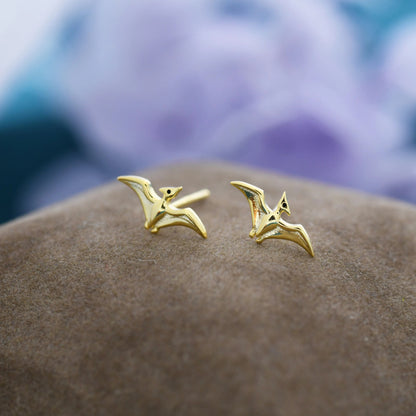 Extra Tiny Pterosaurs Flying Dinosaur Screw Back / Internally Threaded Flat Back / Stud Earrings in Sterling Silver, Cute,  Fun, Whimsical