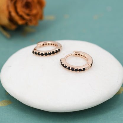 Minimalist Huggie Hoop Earrings in Sterling Silver with Black CZ Crystals, Tiny Snug Hoop Earrings, Black Diamond, Simple Hoop Earrings