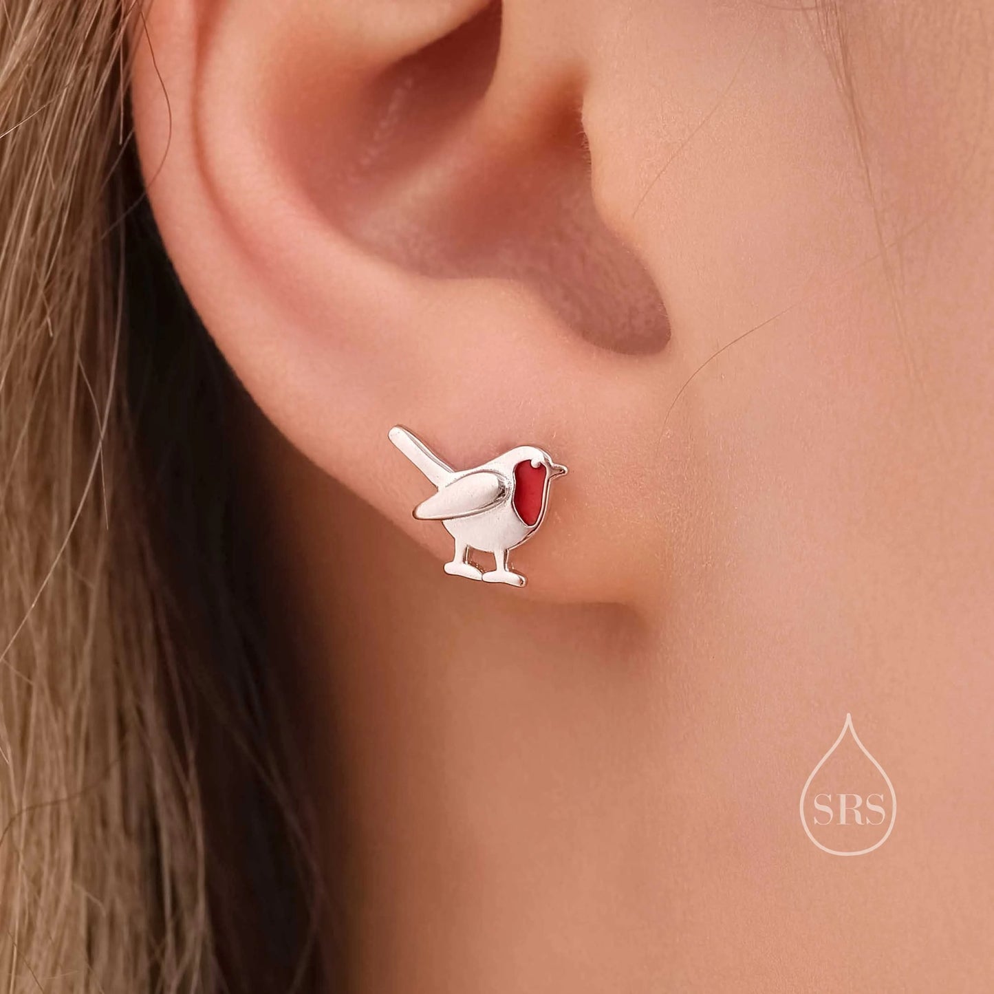 Robin Bird Enamel Jewellery Set in Sterling Silver — Rhodium-Coated Earrings and Necklace