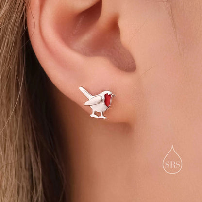 Robin Bird Enamel Jewellery Set in Sterling Silver — Rhodium-Coated Earrings and Necklace