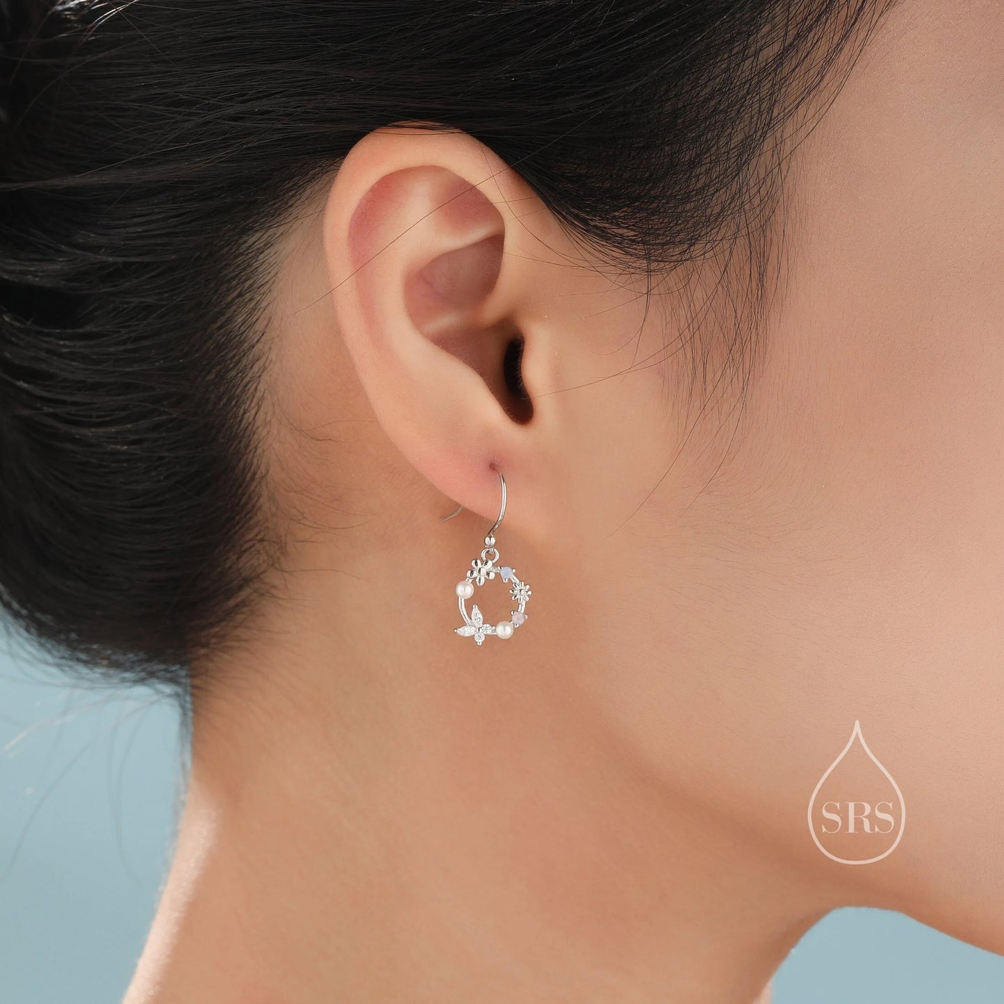 Tiny Flower Wreath Stud Earrings and Necklace Set in Sterling Silver, Silver or Gold or Rose Gold, Gift Set