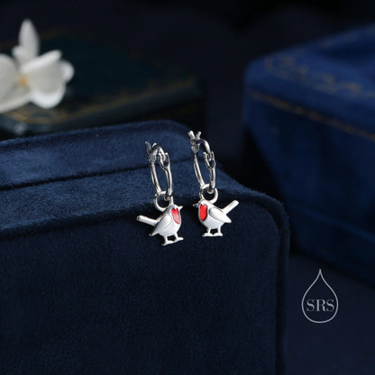 Robin Bird Enamel Jewellery Set in Sterling Silver — Rhodium-Coated Earrings and Necklace