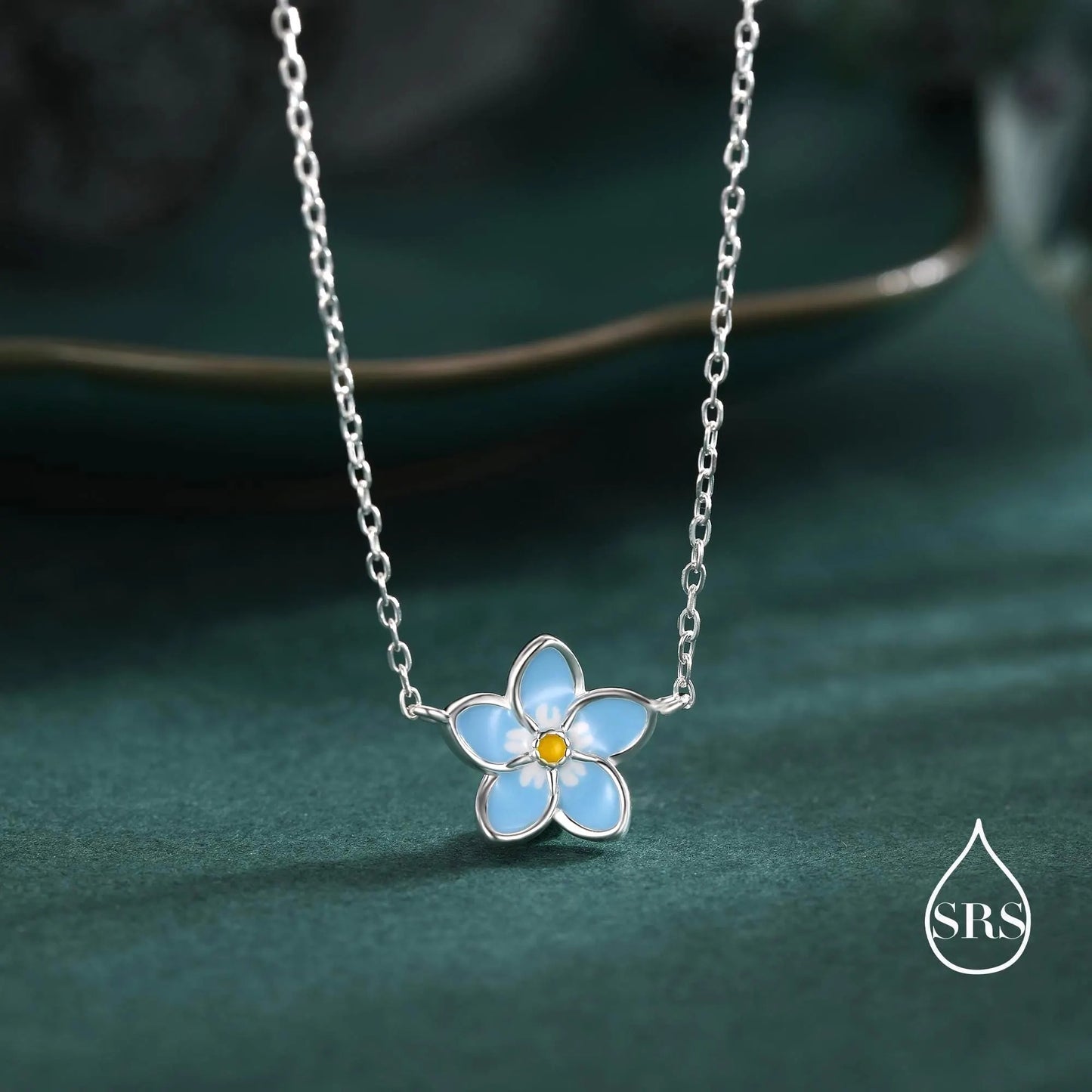 Forget-Me-Not Enamel Flower Jewellery Set in Sterling Silver — Rhodium-Coated Necklace, Earrings & Bracelet