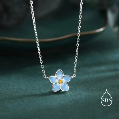 Forget-Me-Not Enamel Flower Jewellery Set in Sterling Silver — Rhodium-Coated Necklace, Earrings & Bracelet