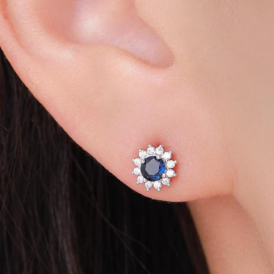Sapphire Flower Stud Earrings and Necklace Set in Sterling Silver, Silver or Gold, Blue CZ Flower, Gift Set