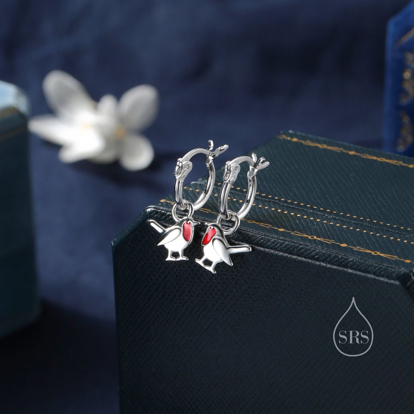 Robin Bird Enamel Jewellery Set in Sterling Silver — Rhodium-Coated Earrings and Necklace