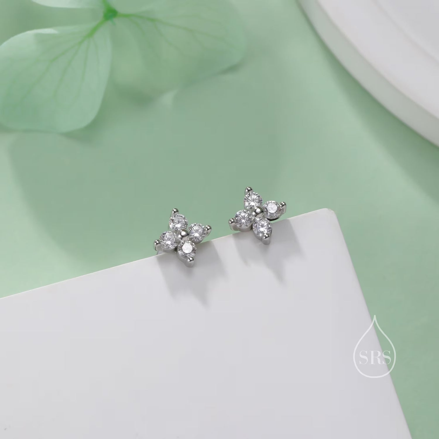 Very Tiny Hydrangea Flower Inspired Stud Earrings in Sterling Silver with Sparkly CZ Crystals, Simple and Minimalist