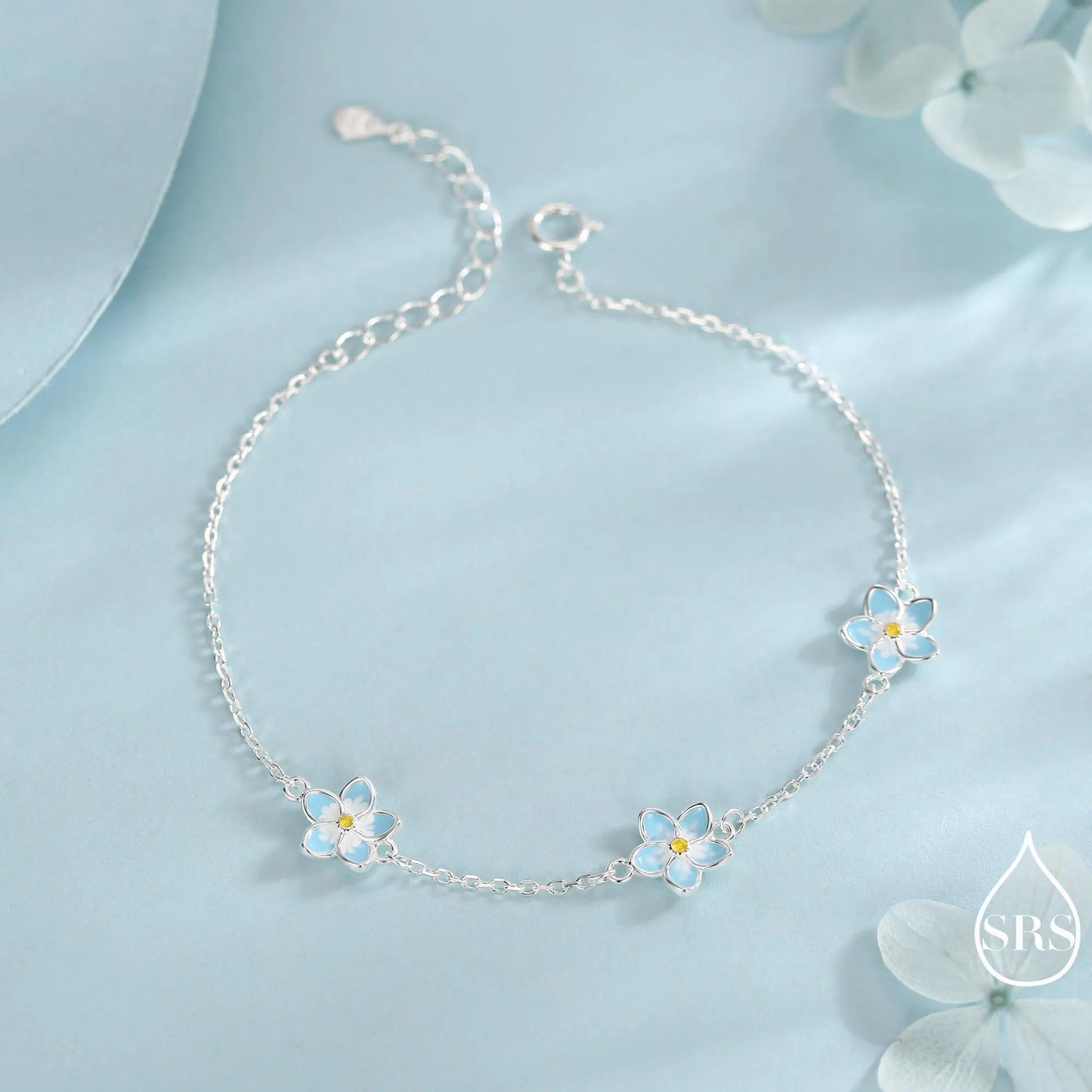Forget-Me-Not Enamel Flower Jewellery Set in Sterling Silver — Rhodium-Coated Necklace, Earrings & Bracelet