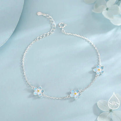 Forget-Me-Not Enamel Flower Jewellery Set in Sterling Silver — Rhodium-Coated Necklace, Earrings & Bracelet