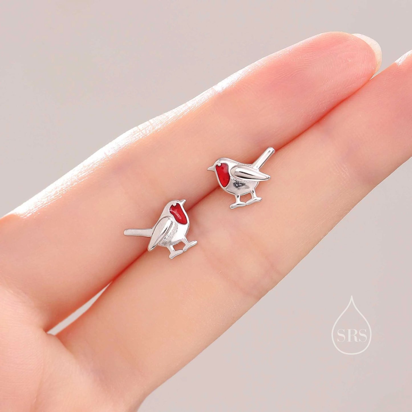 Robin Bird Enamel Jewellery Set in Sterling Silver — Rhodium-Coated Earrings and Necklace