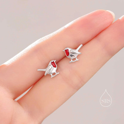 Robin Bird Enamel Jewellery Set in Sterling Silver — Rhodium-Coated Earrings and Necklace