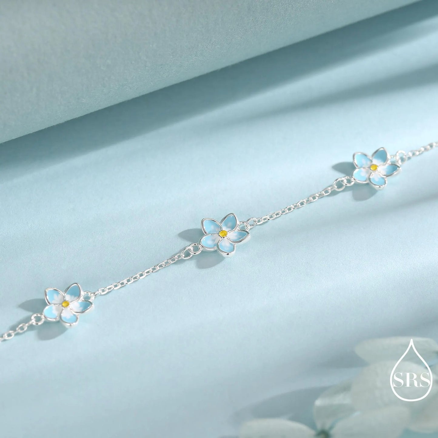 Forget-Me-Not Enamel Flower Jewellery Set in Sterling Silver — Rhodium-Coated Necklace, Earrings & Bracelet