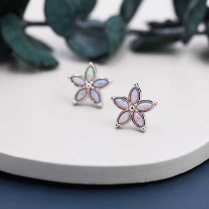 Opal Flower Stud Earrings and Necklace Set in Sterling Silver with Opal, Blue, White or Pink Opal, Gift Set
