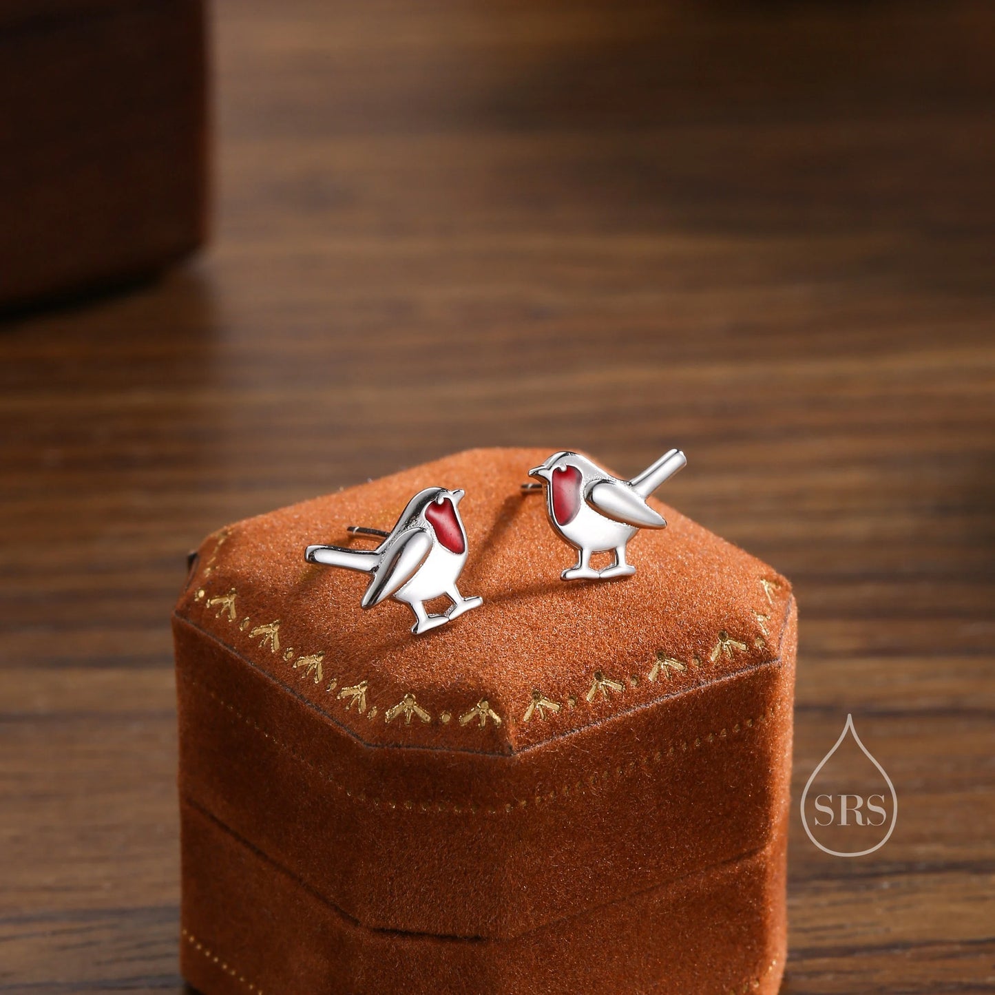 Robin Bird Enamel Jewellery Set in Sterling Silver — Rhodium-Coated Earrings and Necklace