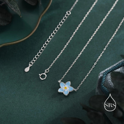 Forget-Me-Not Enamel Flower Jewellery Set in Sterling Silver — Rhodium-Coated Necklace, Earrings & Bracelet