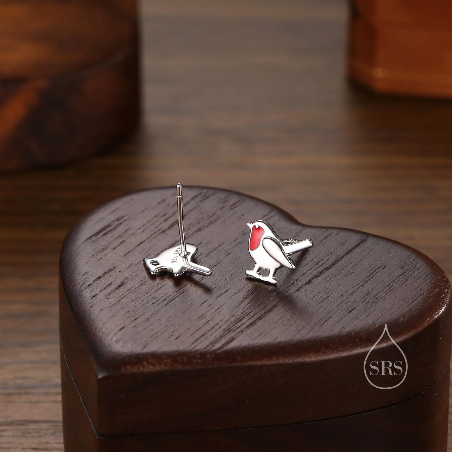 Robin Bird Enamel Jewellery Set in Sterling Silver — Rhodium-Coated Earrings and Necklace