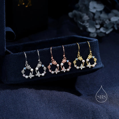 Tiny Flower Wreath Stud Earrings and Necklace Set in Sterling Silver, Silver or Gold or Rose Gold, Gift Set