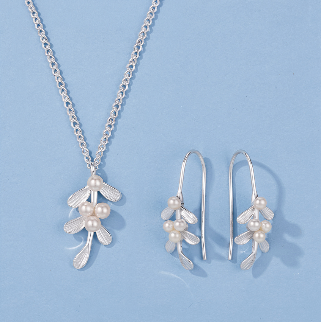 Sterling Silver Pearl Mistletoe Earrings and Necklace Set