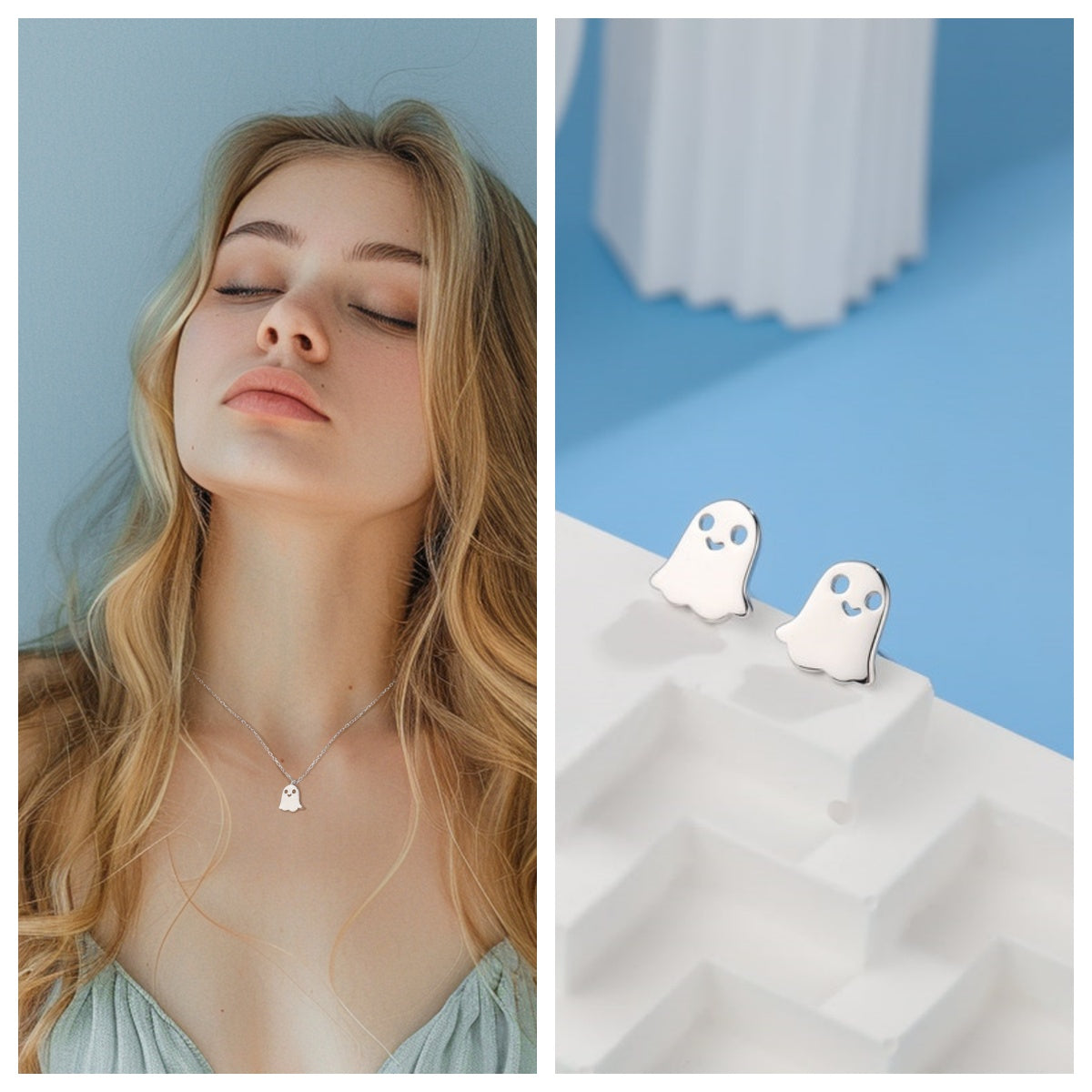 Sterling Silver Little Ghost stud Earrings and Necklace Set