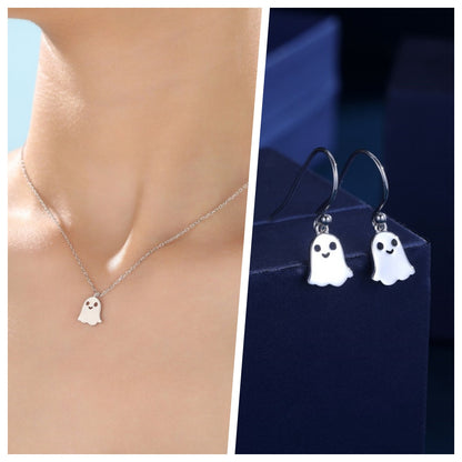 Sterling Silver Little Ghost Drop Hook Earrings and Necklace Set