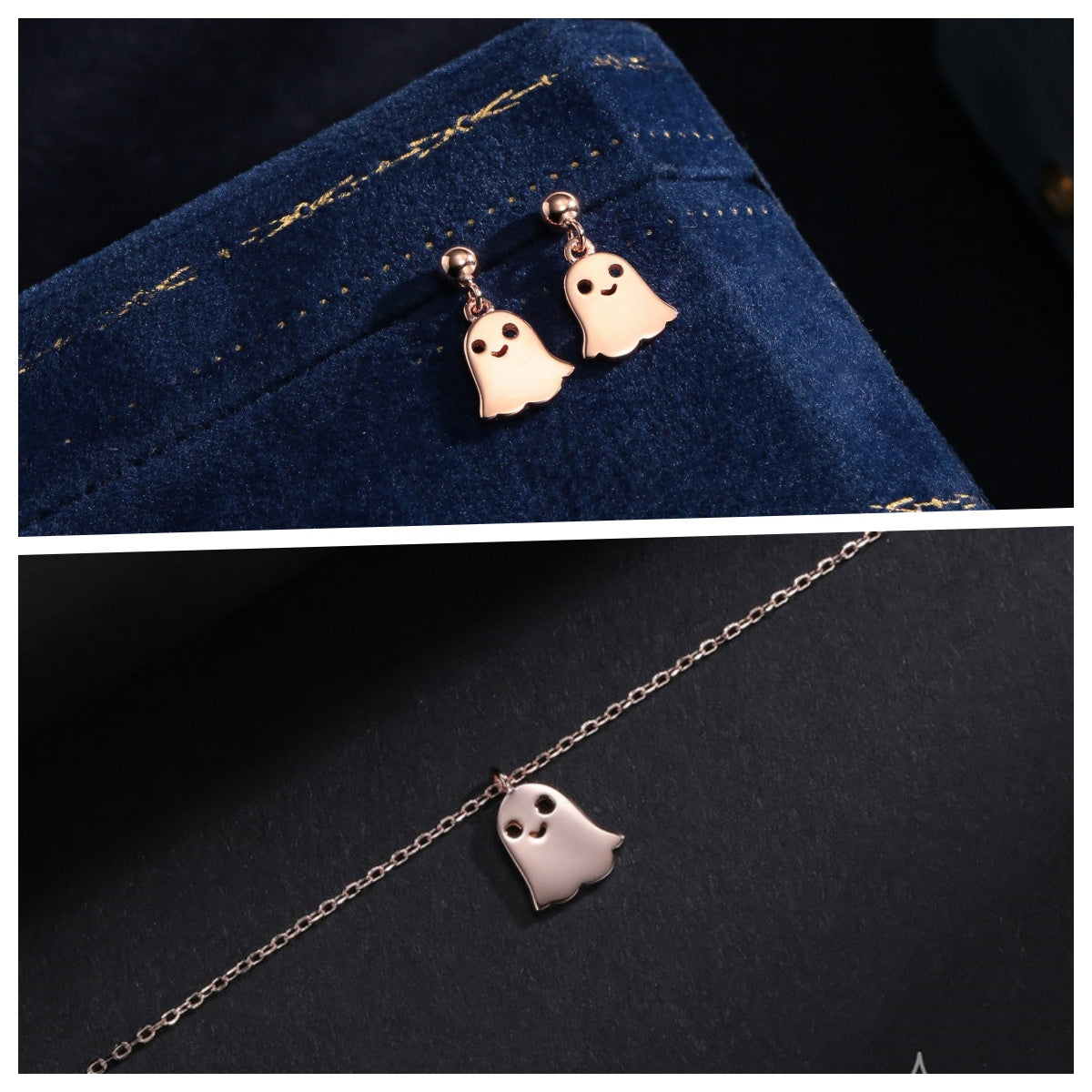 Sterling Silver Little Ghost Stud Earrings, Drop Stud Earrings and Necklace, Set Available