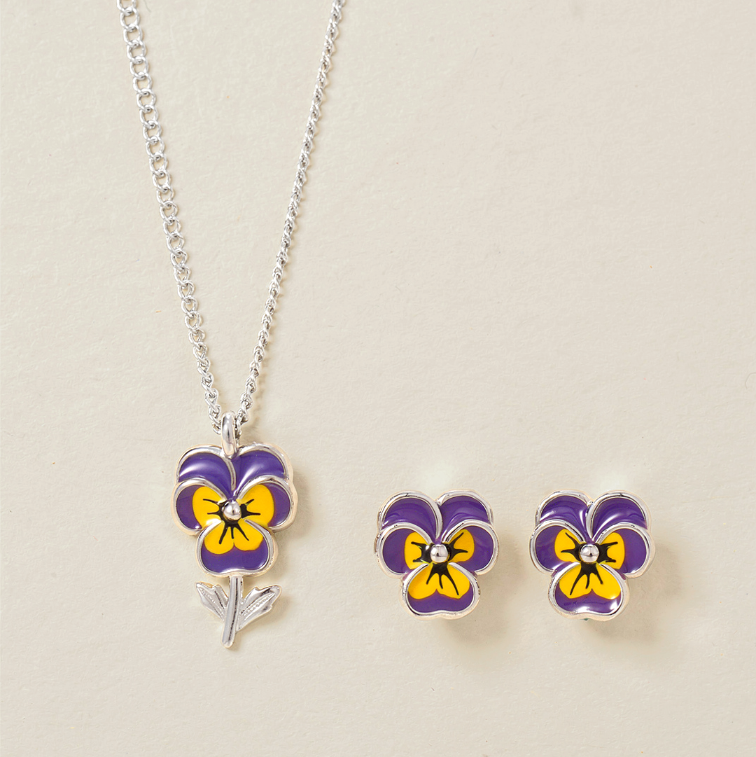 Sterling Silver Enamel Pansy Flower Earrings and Necklace Set