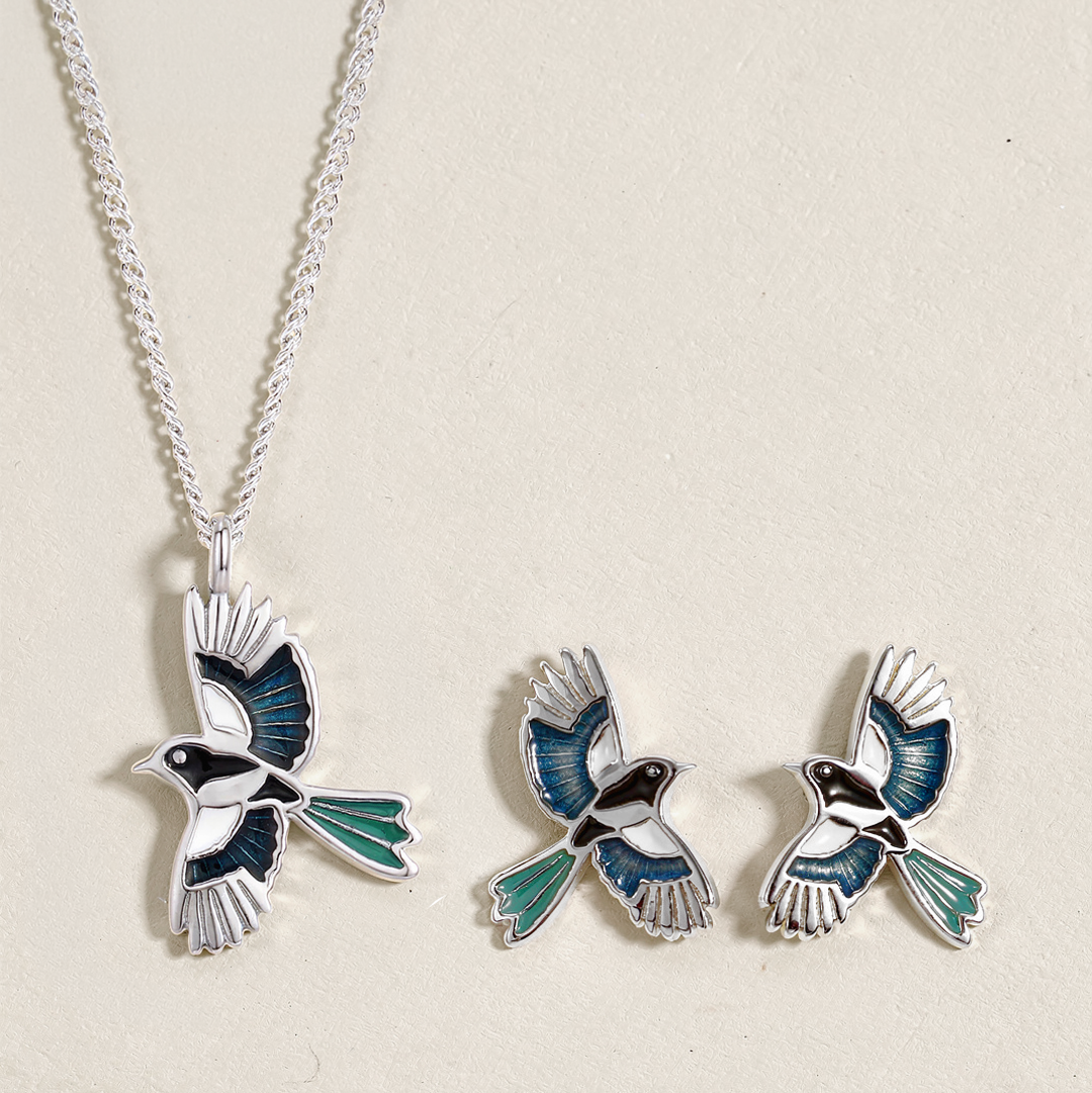 Sterling Silver Enamel Magpie Bird Earrings and Necklace Set