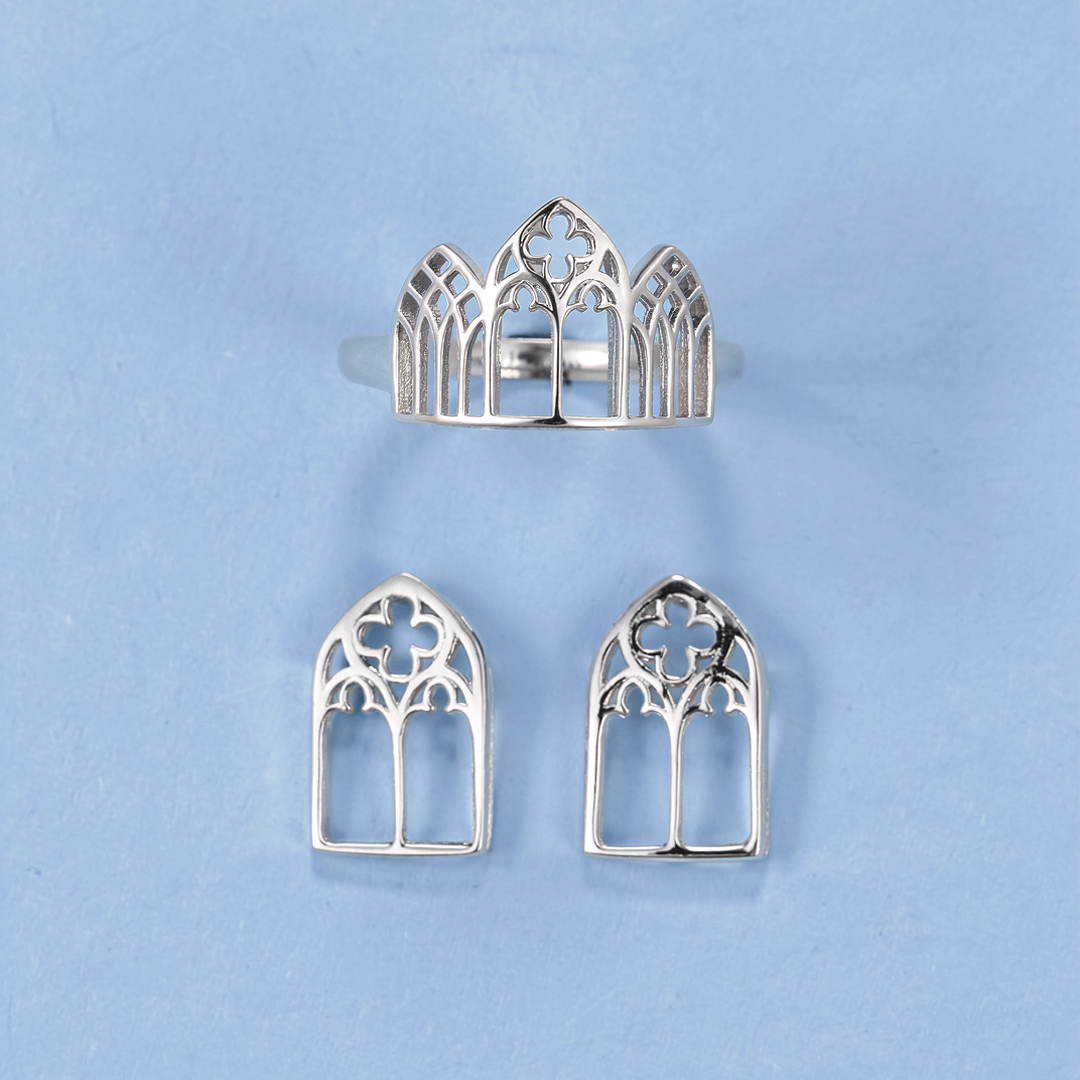 Sterling Silver Gothic Cathedral Window Earrings and Ring Set