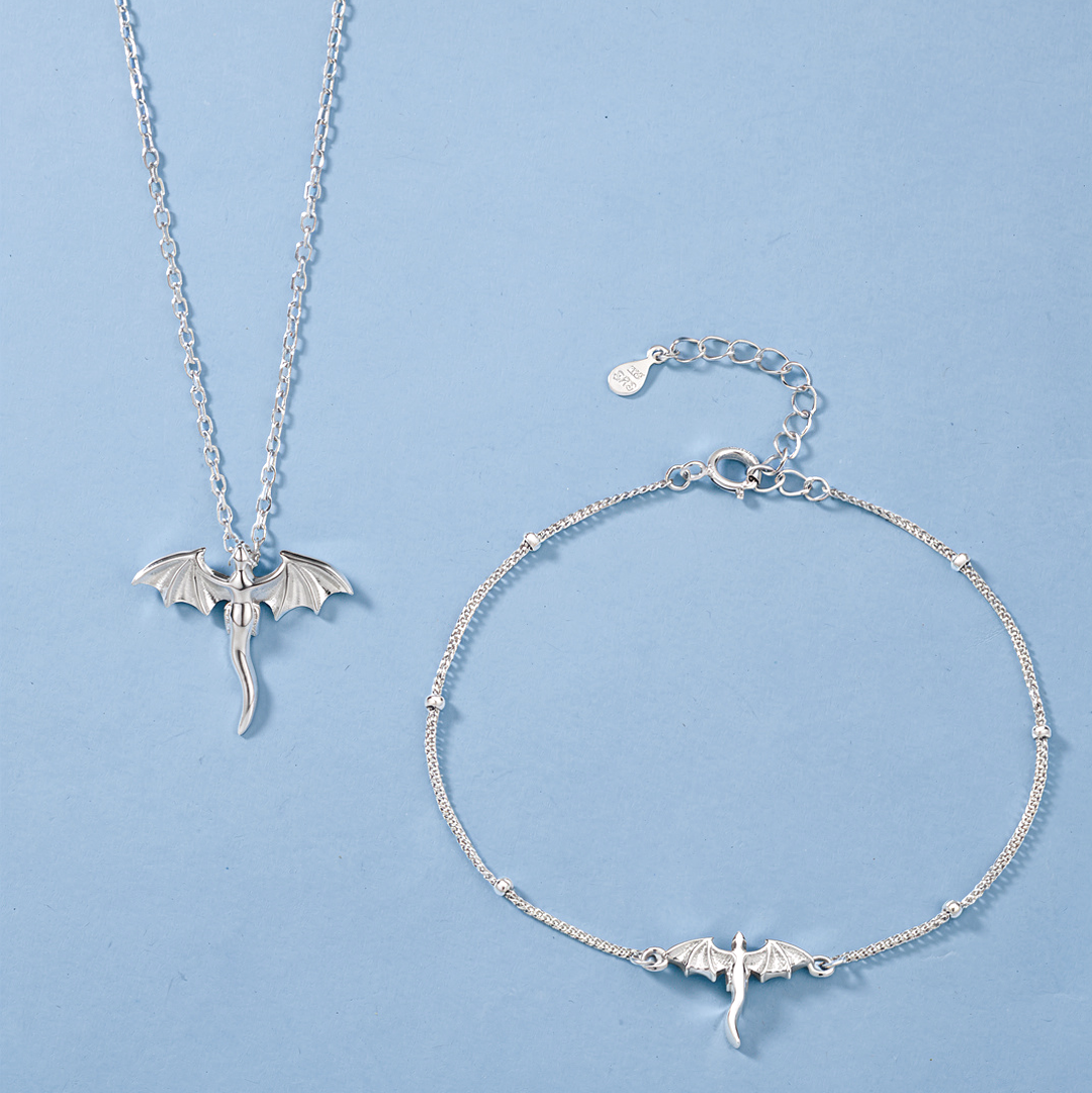Sterling Silver Flying Dragon Necklace and Bracelet Set