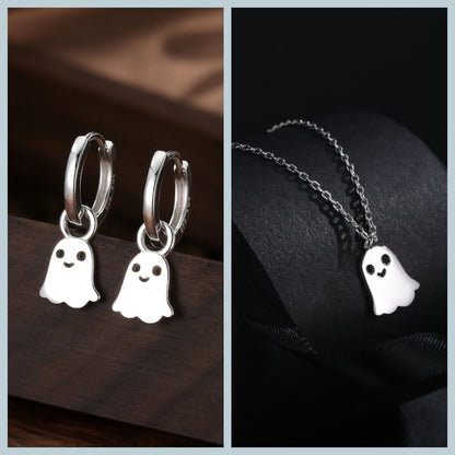 Sterling Silver Little Ghost Hoop Earrings and Necklace Set