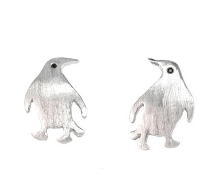 Super Cute Penguin Bird Stud Earrings in Sterling Silver - Fun Quirky and Whimsical Jewellery - Polished or Brushed Finish