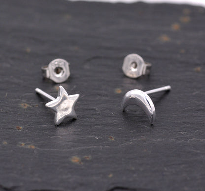 Sterling Silver Mismatched Star and Moon Stud Earrings - Cute and Sweet Design