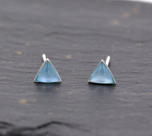 Sterling Silver Very Tiny Maldive Blue Triangle Stud Earrings with Resin Glaze - Simple and Discreet - Geometric and Minimalist