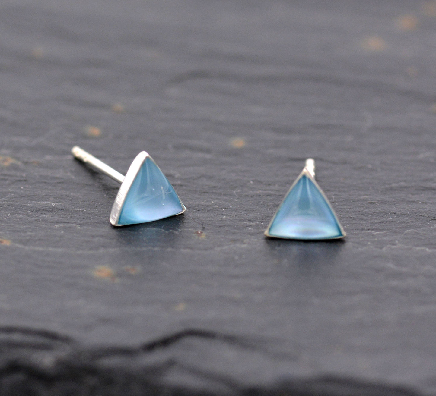 Sterling Silver Very Tiny Maldive Blue Triangle Stud Earrings with Resin Glaze - Simple and Discreet - Geometric and Minimalist