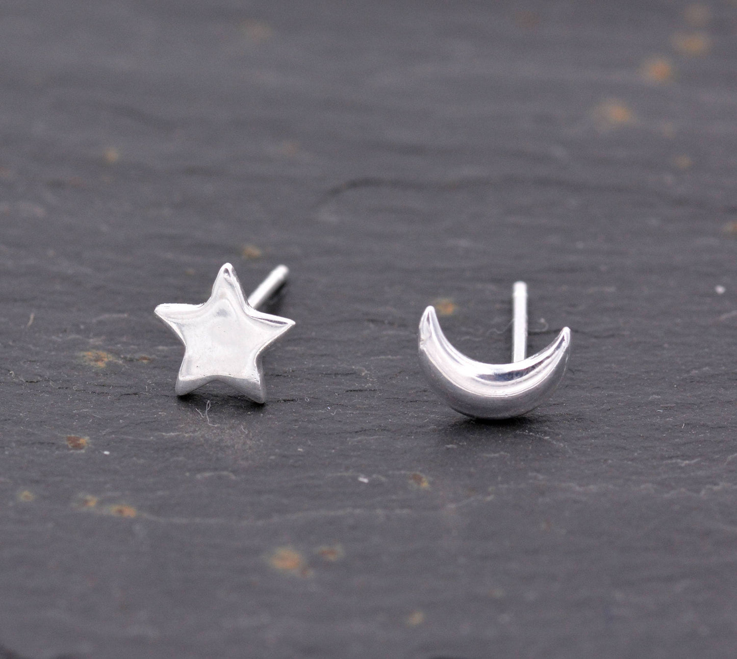 Sterling Silver Mismatched Star and Moon Stud Earrings - Cute and Sweet Design