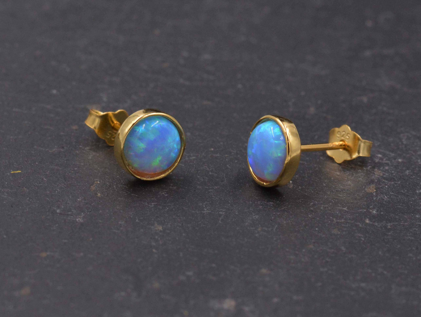 Gold Vermeil (Gold Plated Sterling Silver) Blue and White Opal Stone Crystal Stud Earrings. Round Minimalist Dot Geometric Design.