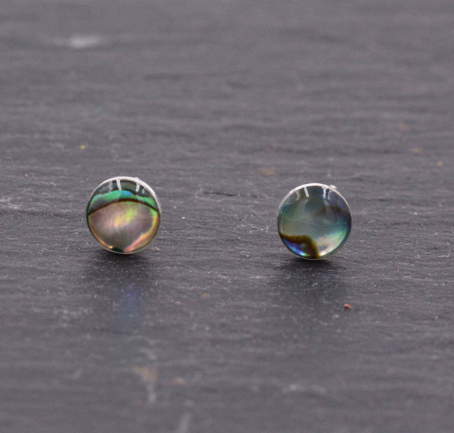 Sterling Silver Super Cute Dainty Little Circle Disk Dot Stud Earrings, Sea Abalone Paua Shell, Minimalist Geometric Design H14