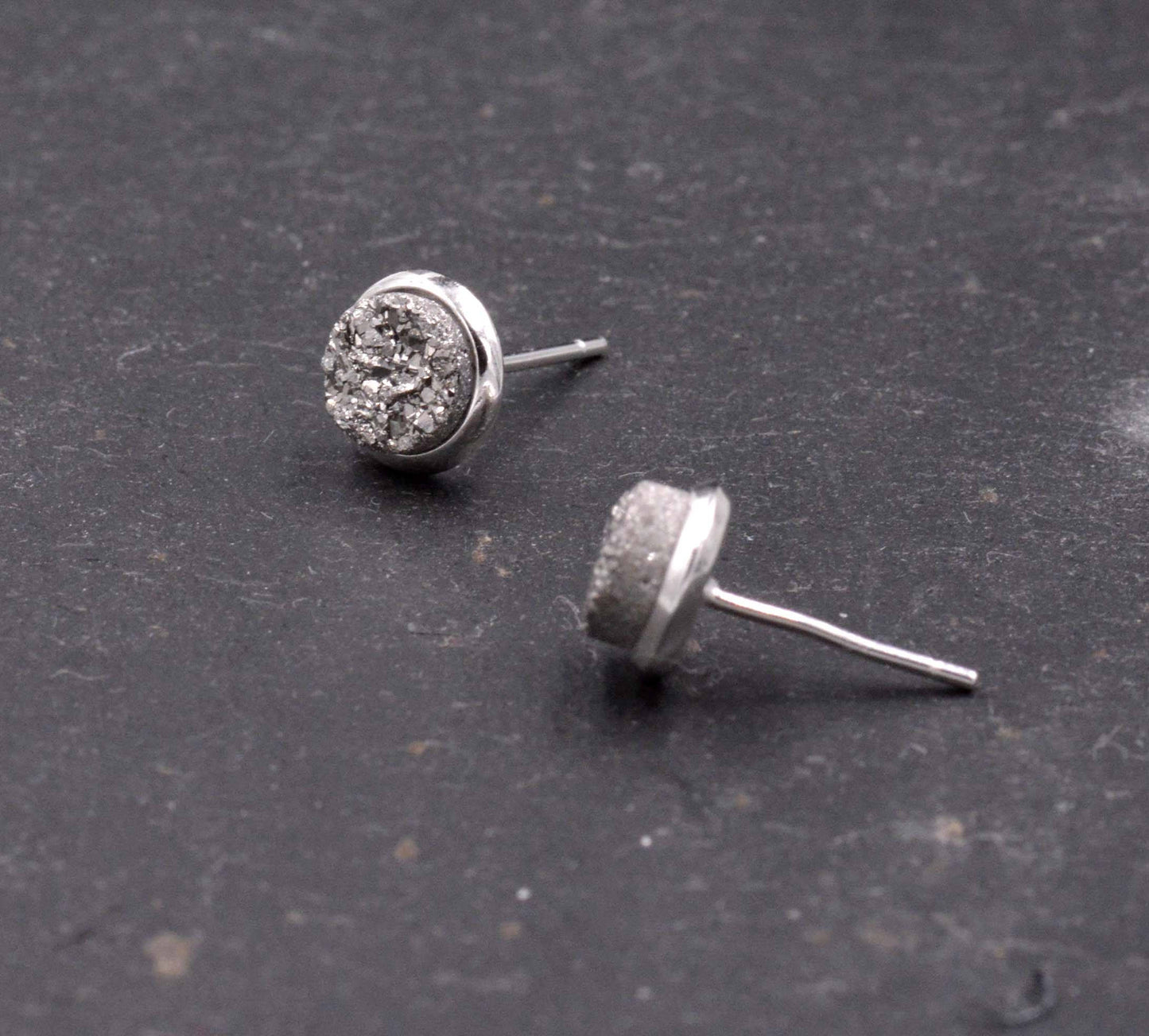 Sterling Silver Genuine Druzy Stone Crystal Stud Earrings. Round Minimalist Dot Geometric Design.