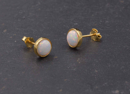 Gold Vermeil (Gold Plated Sterling Silver) Blue and White Opal Stone Crystal Stud Earrings. Round Minimalist Dot Geometric Design.