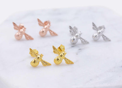 Sterling Silver Cute Little Bumble Bee Stud Earrings, Polished Finish, Quirky and Fun, Adult or Children Jewellery, Gold and Rose Gold Plate