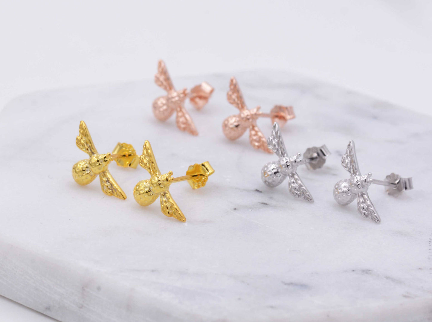 Sterling Silver Cute Little Bumble Bee Stud Earrings, Polished Finish, Quirky and Fun, Adult or Children Jewellery, Gold and Rose Gold Plate