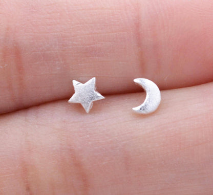 Sterling Silver Very Tiny Pair of Mismatched Asymmetric Moon and Star  Stud Earrings, Cute and Quirky Jewellery, Textured Finish