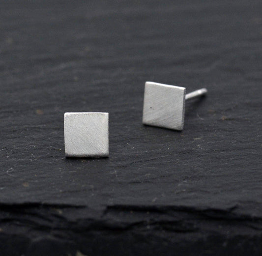 Very Tiny Sterling Silver Minimalist Square Brushed Finish  Stud Earrings, Geometric Design, Simple and Classic, Textured Finish
