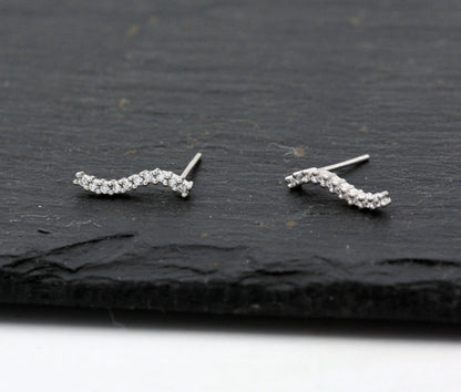 Sterling Silver Wave Design CZ Crystal Encrusted Stud Earrings, Ear Crawlers, Minimalist Geometric Design