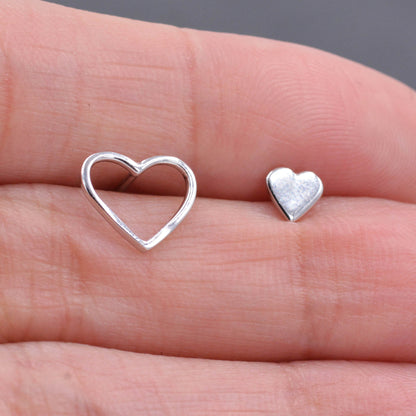 Sterling Silver Mismatched Asymmetric Big Heart Little Heart Stud Earrings,  Cute, Fun and Quirky Jewellery A16