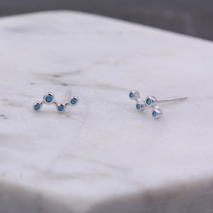 Sterling Silver Star Constellation Zigzag Stud Earrings with Tiny Turquoise Stones, Minimalist Classic and Elegant Jewellery A26