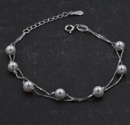 Sterling Silver Beautiful Pearl Minimalist Charm Layer Bracelet - Adjustable Length - Simple and Elegant Jewellery B58