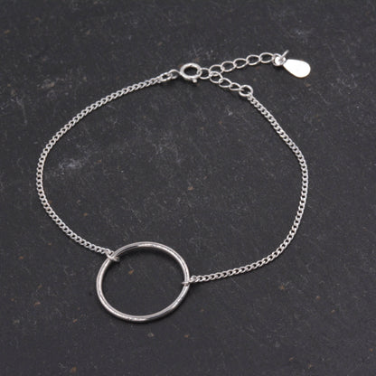 Sterling Silver Minimalist Geometric Karma Circle Geometric Bracelet with Adjustable Chain, Dainty and Delicate B65