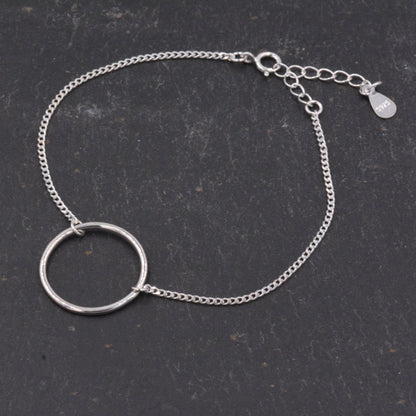 Sterling Silver Minimalist Geometric Karma Circle Geometric Bracelet with Adjustable Chain, Dainty and Delicate B65