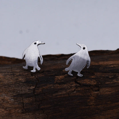 Super Cute Penguin Bird Stud Earrings in Sterling Silver - Fun Quirky and Whimsical Jewellery - Polished or Brushed Finish